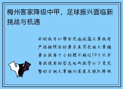 梅州客家降级中甲，足球振兴面临新挑战与机遇